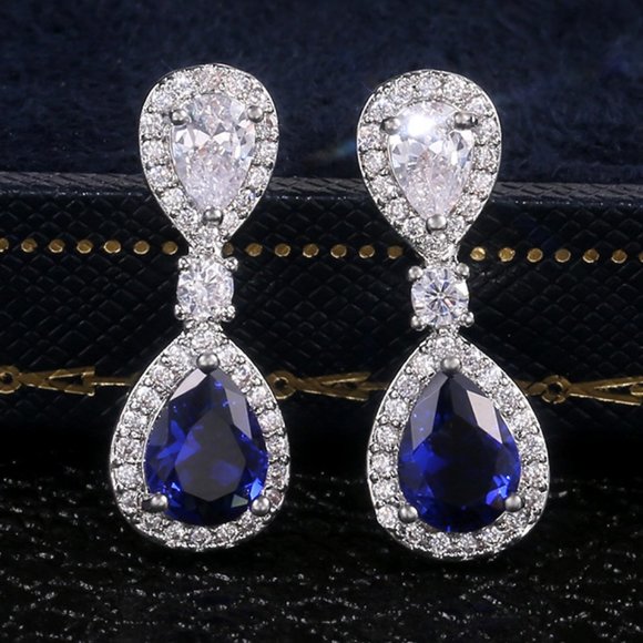 Jewelry - NEW Silver Blue Teardrop Sapphire Diamond Earrings
